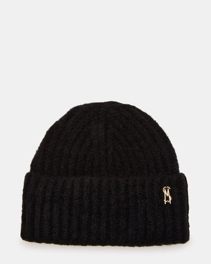 LOGO BEANIE Black Fuzzy RIbbed Knit Women's Beanie | Steve Madden