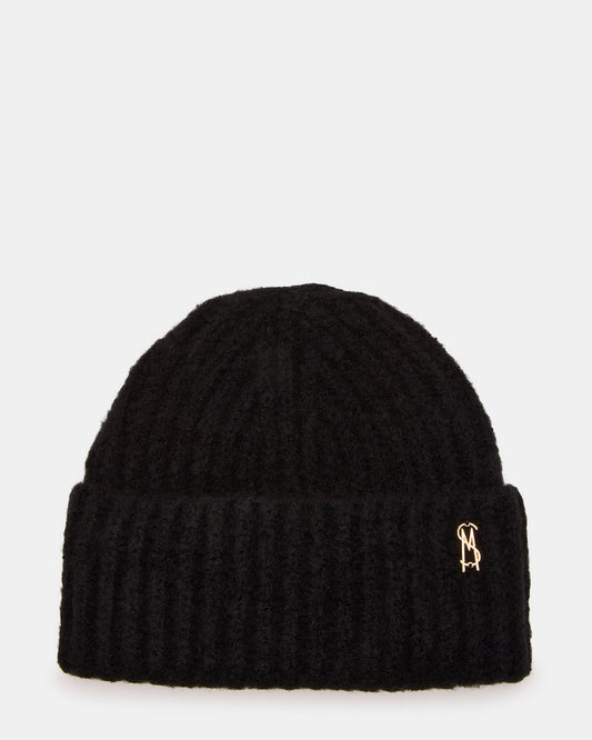 LOGO BEANIE Black Fuzzy RIbbed Knit Women's Beanie | Steve Madden