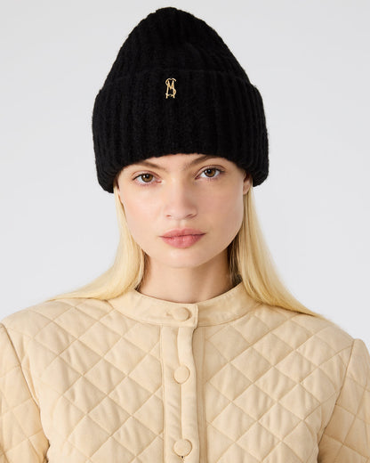 LOGO BEANIE Black Fuzzy RIbbed Knit Women's Beanie | Steve Madden