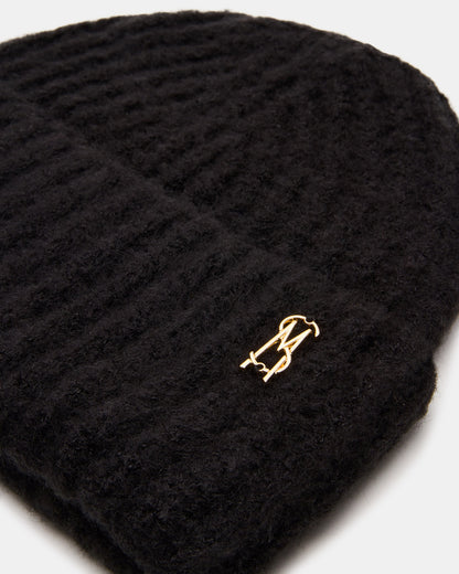 LOGO BEANIE Black Fuzzy RIbbed Knit Women's Beanie | Steve Madden