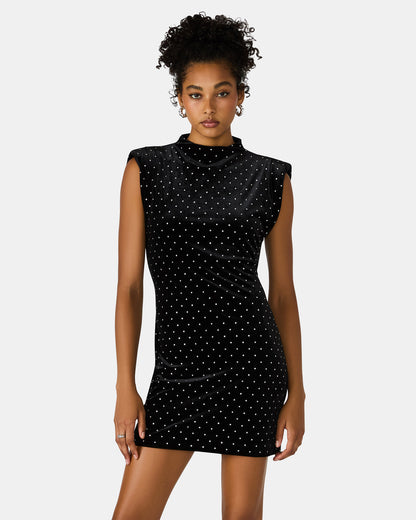 ASTORIA Black Rhinestone Embellished Velvet Shoulder Pads Bodycon Mini Women's Dress | Steve Madden