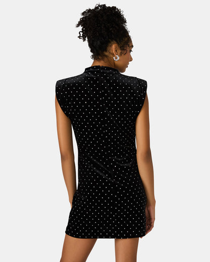 ASTORIA Black Rhinestone Embellished Velvet Shoulder Pads Bodycon Mini Women's Dress | Steve Madden