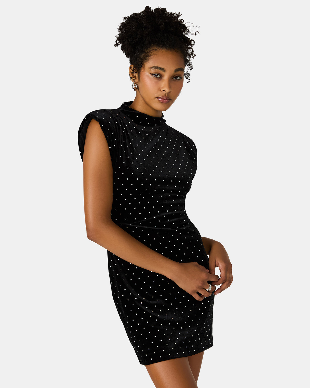 ASTORIA Black Rhinestone Embellished Velvet Shoulder Pads Bodycon Mini Women's Dress | Steve Madden