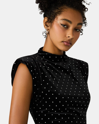 ASTORIA Black Rhinestone Embellished Velvet Shoulder Pads Bodycon Mini Women's Dress | Steve Madden