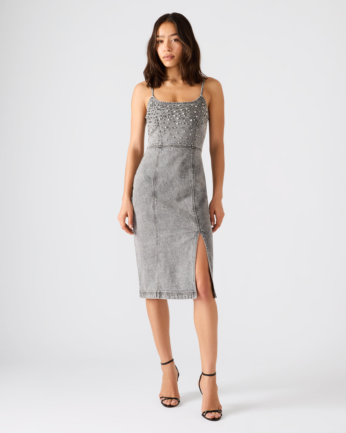 EMBELLISHED GISELLE Fog Denim Midi Women's Dress with Slit | Steve Madden