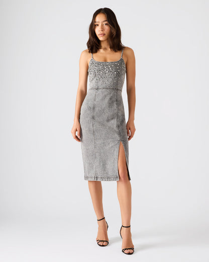 EMBELLISHED GISELLE Fog Denim Midi Women's Dress with Slit | Steve Madden
