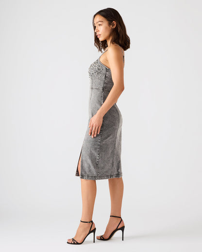 EMBELLISHED GISELLE Fog Denim Midi Women's Dress with Slit | Steve Madden