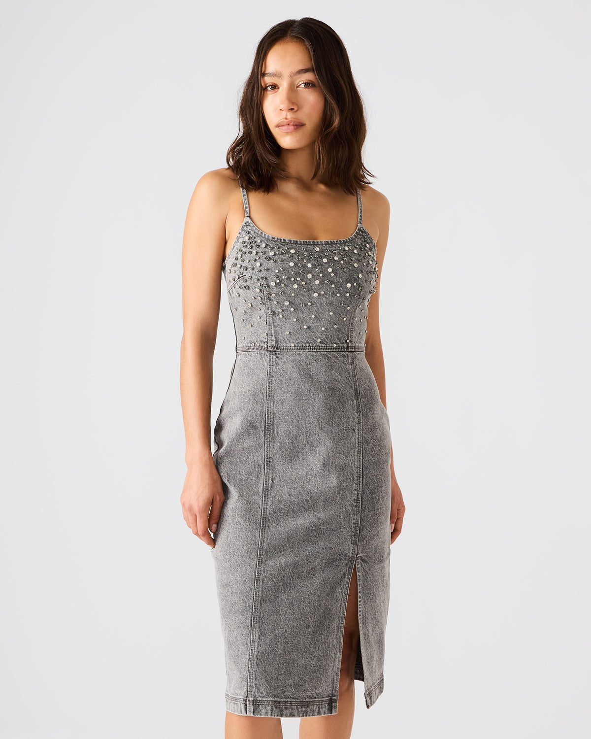 EMBELLISHED GISELLE Fog Denim Midi Women's Dress with Slit | Steve Madden