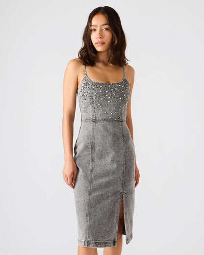 EMBELLISHED GISELLE Fog Denim Midi Women's Dress with Slit | Steve Madden