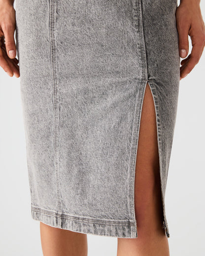 EMBELLISHED GISELLE Fog Denim Midi Women's Dress with Slit | Steve Madden