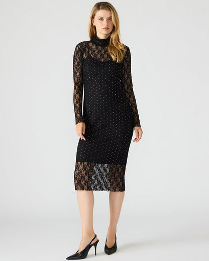 VIVIENNE Black Studded Lace Women's Mock Neck Midi Dress | Steve Madden