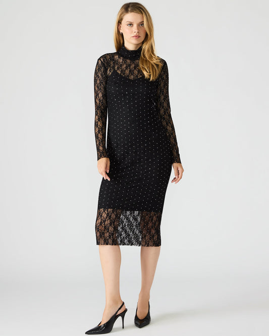 VIVIENNE Black Studded Lace Women's Mock Neck Midi Dress | Steve Madden