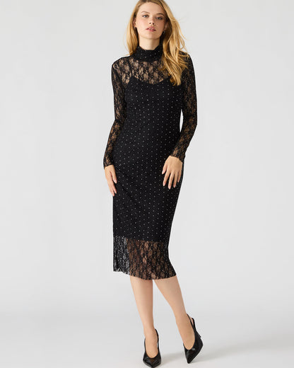 VIVIENNE Black Studded Lace Women's Mock Neck Midi Dress | Steve Madden