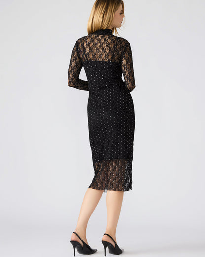 VIVIENNE Black Studded Lace Women's Mock Neck Midi Dress | Steve Madden