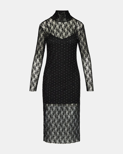 VIVIENNE Black Studded Lace Women's Mock Neck Midi Dress | Steve Madden