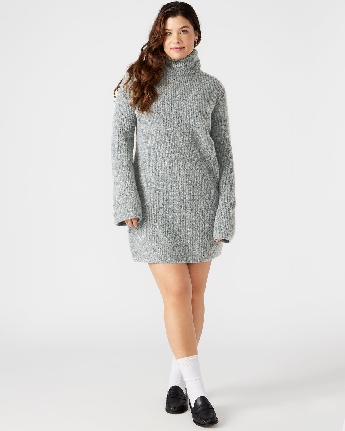 ABBIE Sweater Dress Grey | Mini Turtleneck Flared Sleeve Dress | Steve Madden