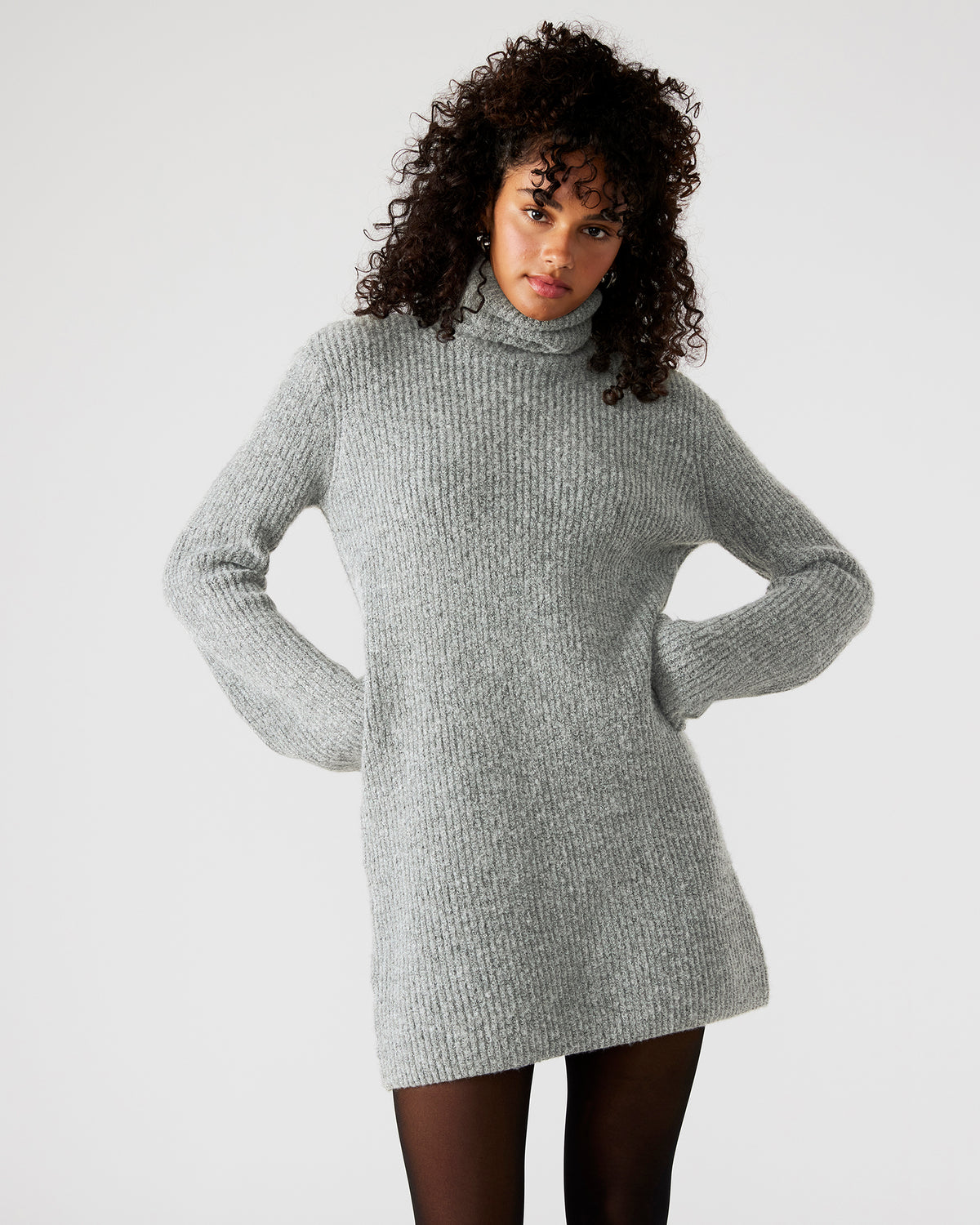 ABBIE Sweater Dress Grey | Mini Turtleneck Flared Sleeve Dress | Steve Madden