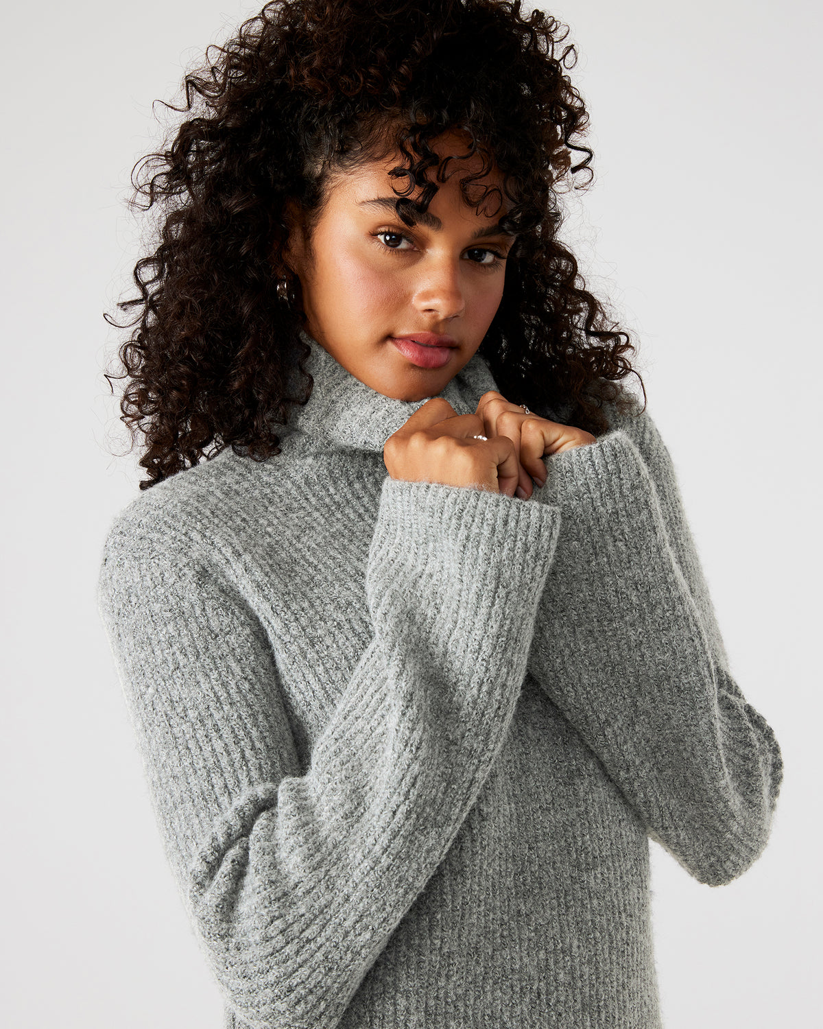 ABBIE Sweater Dress Grey | Mini Turtleneck Flared Sleeve Dress | Steve Madden