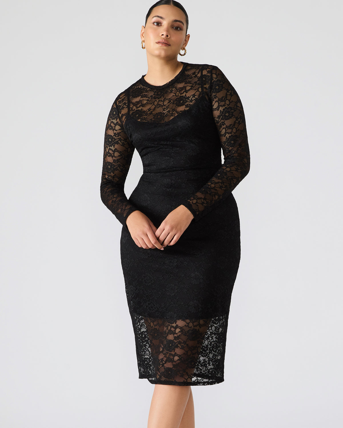 HAILEE Lace Black Long-Sleeved Mesh Pull-On Mock Neck Midi Women's Dress | Steve Madden