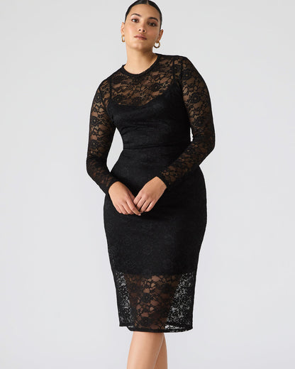 HAILEE Lace Black Long-Sleeved Mesh Pull-On Mock Neck Midi Women's Dress | Steve Madden