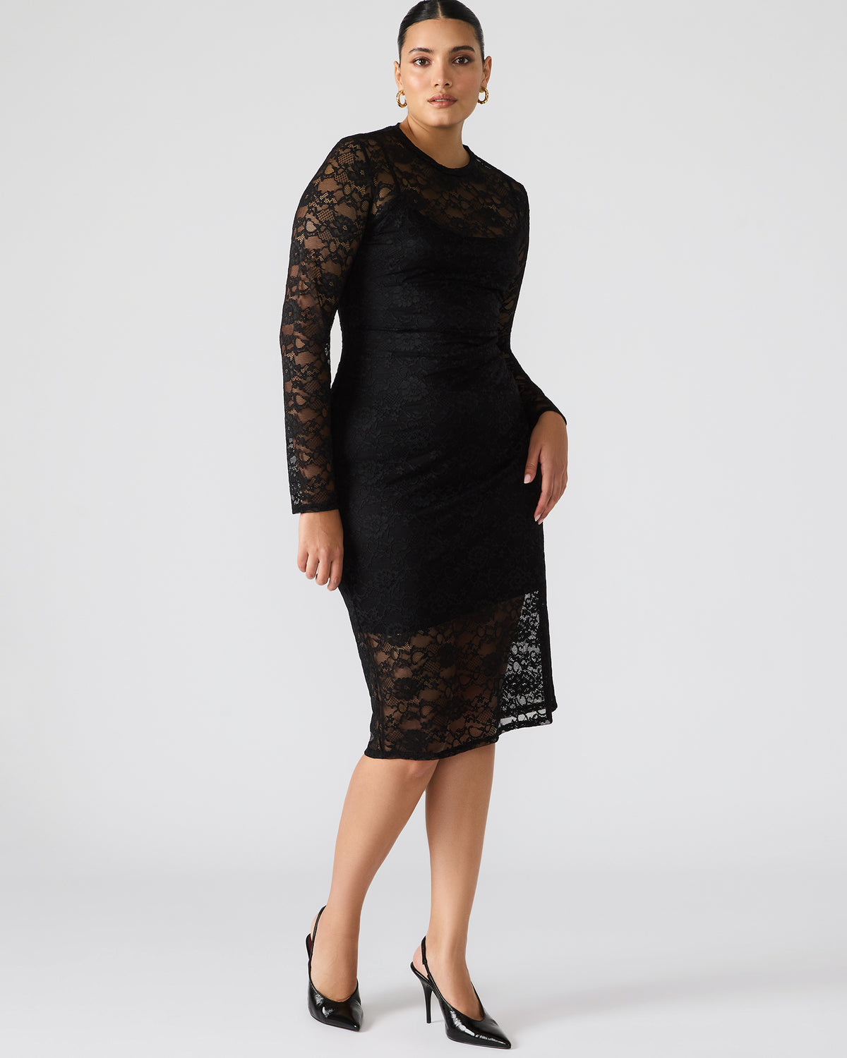 HAILEE Lace Black Long-Sleeved Mesh Pull-On Mock Neck Midi Women's Dress | Steve Madden