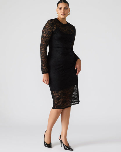 HAILEE Lace Black Long-Sleeved Mesh Pull-On Mock Neck Midi Women's Dress | Steve Madden