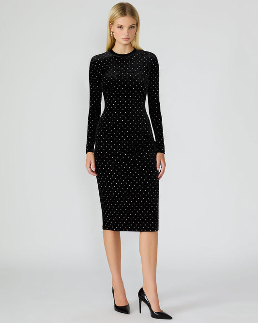 HAILEE Black Studded Velvet Long-Sleeved Pull-On Mock Neck Midi Women's Dress | Steve Madden