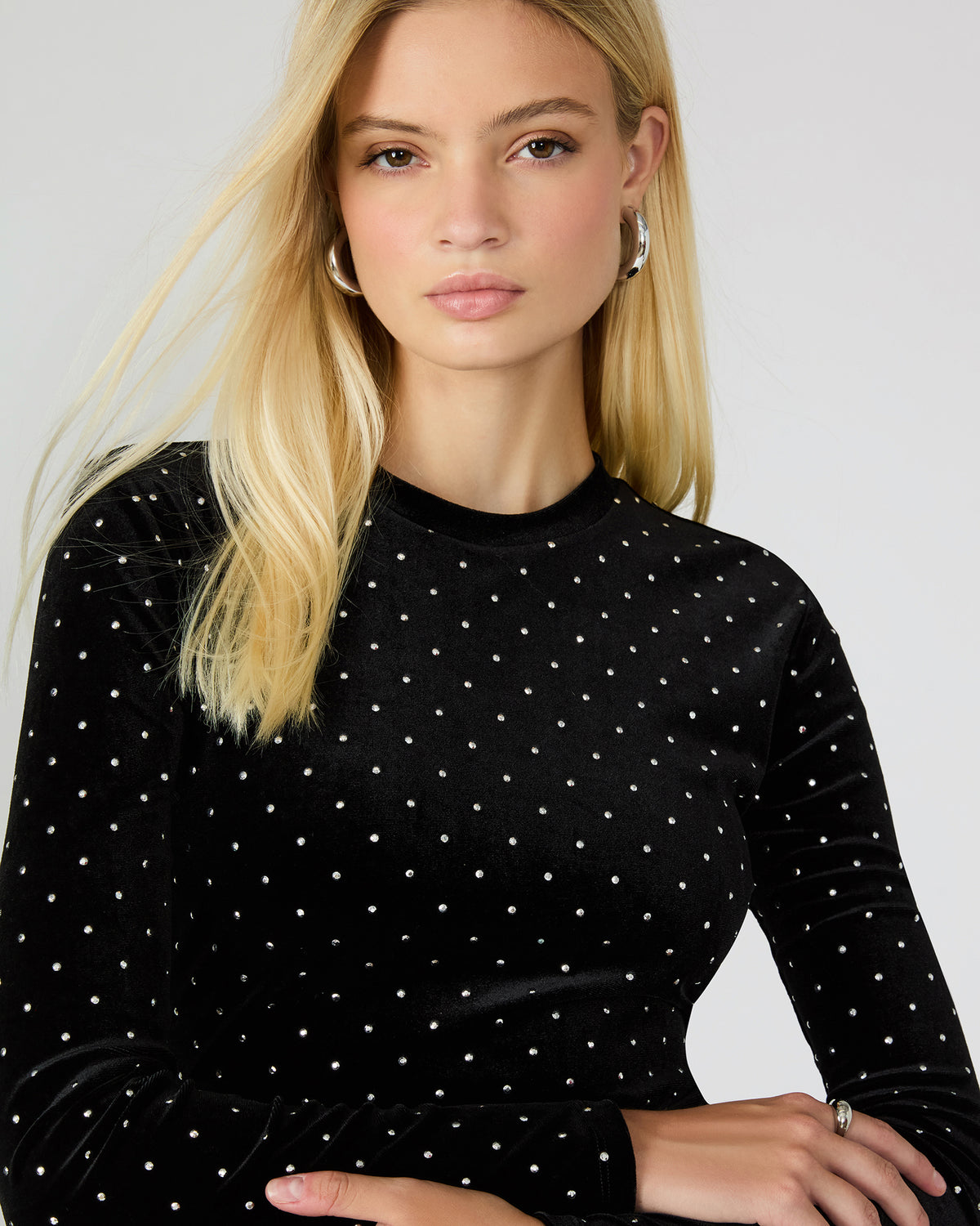 HAILEE Black Studded Velvet Long-Sleeved Pull-On Mock Neck Midi Women's Dress | Steve Madden