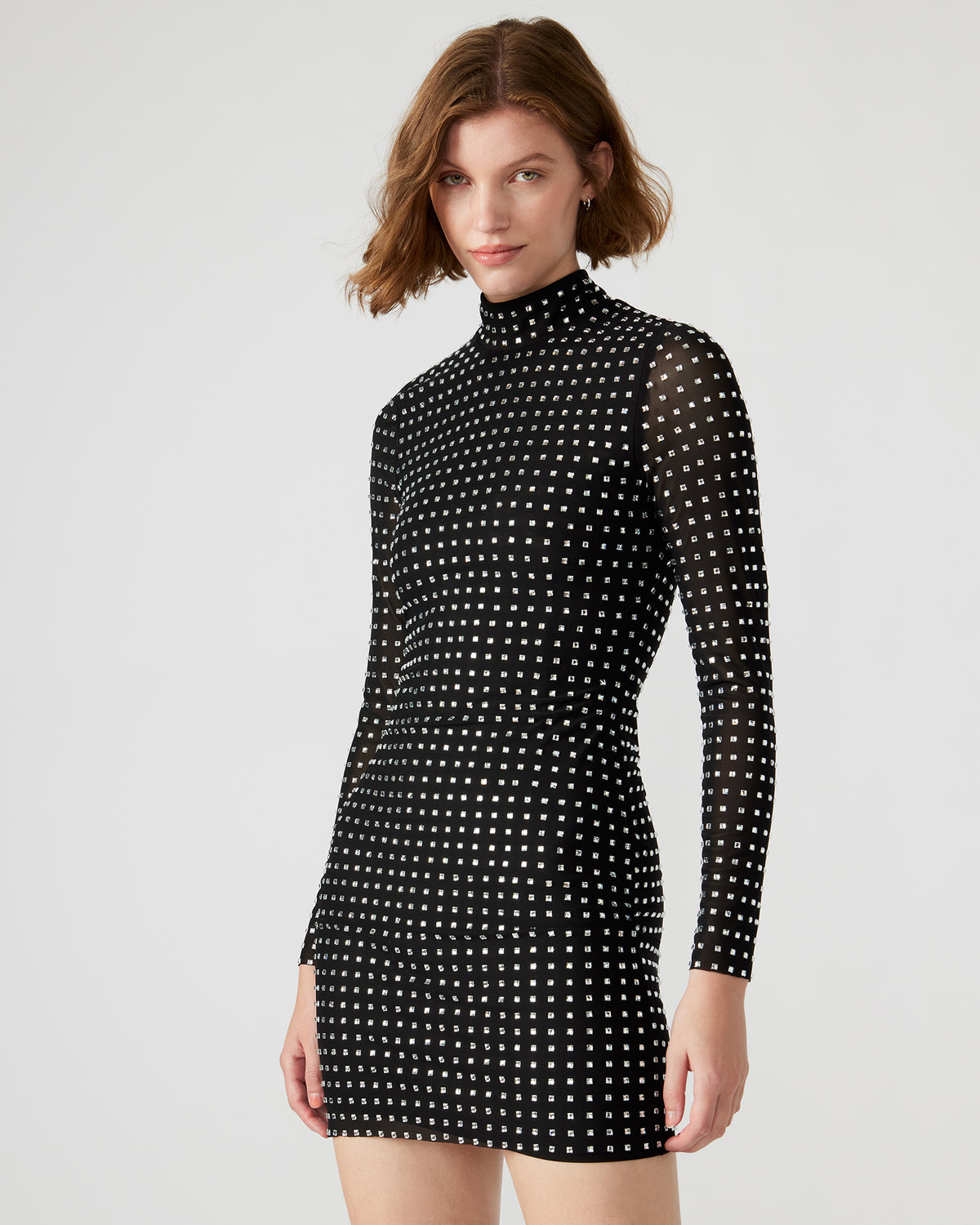 KRISTA Black Women's Long-Sleeved Bodycon Rhinestone Mini Dress | Steve Madden