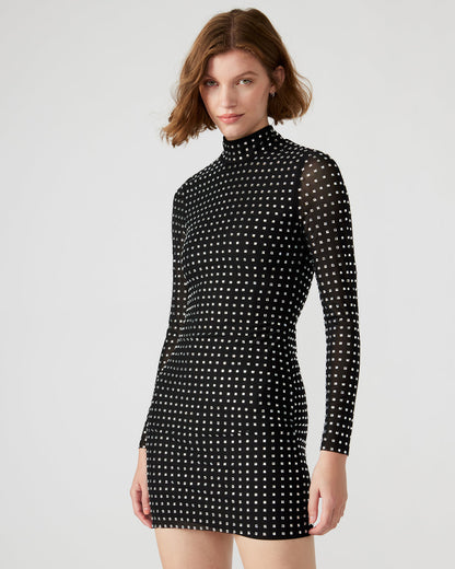 KRISTA Black Women's Long-Sleeved Bodycon Rhinestone Mini Dress | Steve Madden