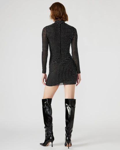 KRISTA Black Women's Long-Sleeved Bodycon Rhinestone Mini Dress | Steve Madden