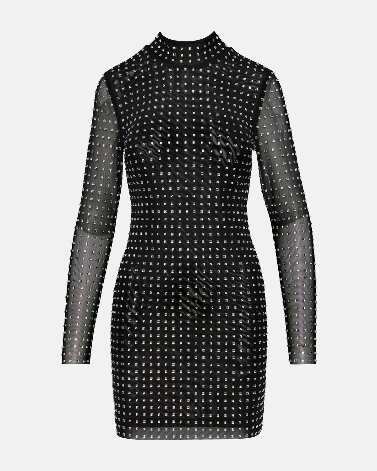 KRISTA Black Women's Long-Sleeved Bodycon Rhinestone Mini Dress | Steve Madden