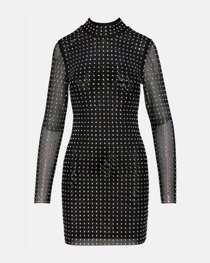 KRISTA Black Women's Long-Sleeved Bodycon Rhinestone Mini Dress | Steve Madden