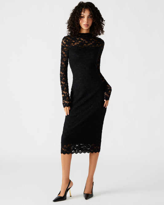 VIVIENNE Black Lace Women's Mock Neck Midi Dress | Steve Madden