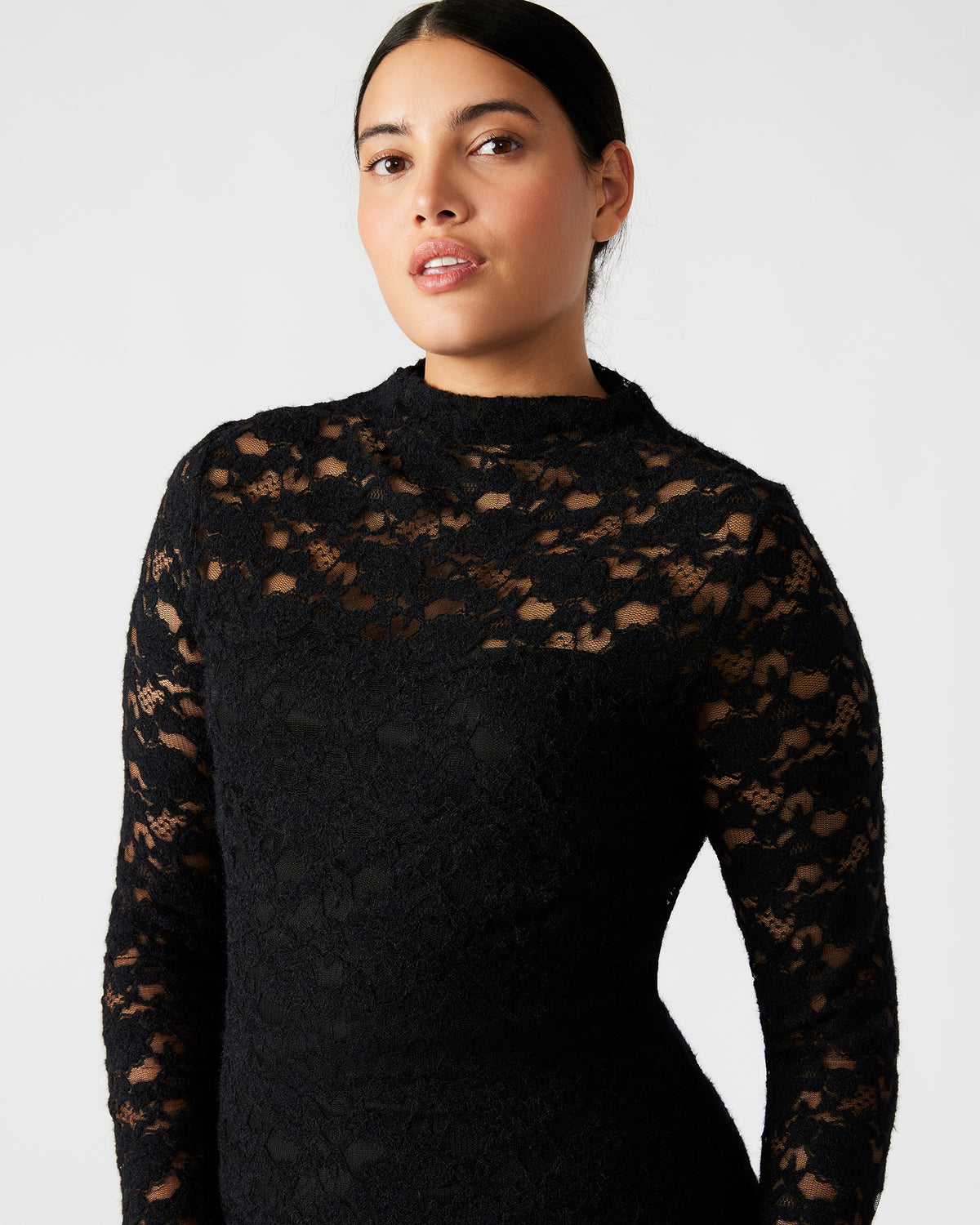VIVIENNE Black Lace Women's Mock Neck Midi Dress | Steve Madden