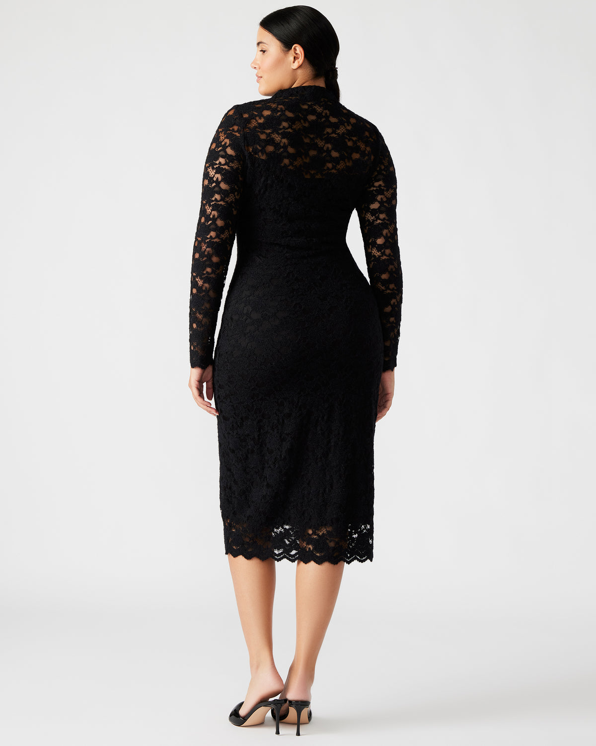 VIVIENNE Black Lace Women's Mock Neck Midi Dress | Steve Madden