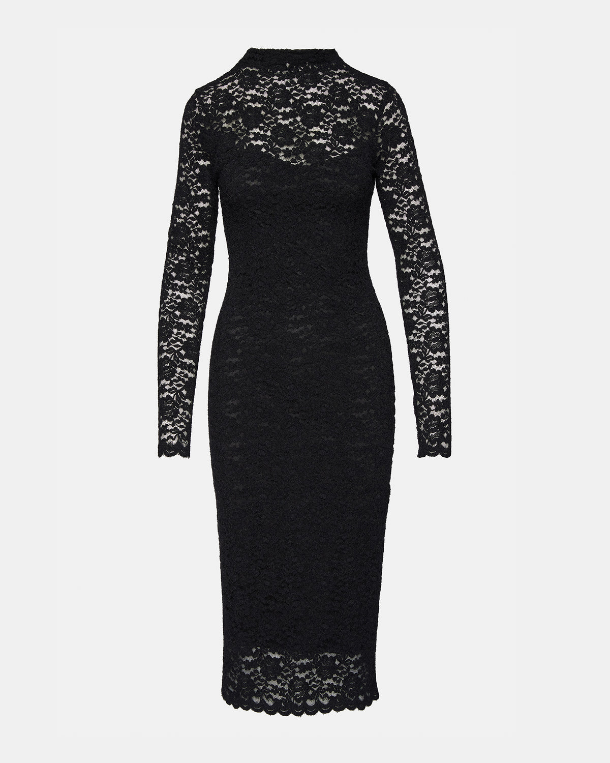 VIVIENNE Black Lace Women's Mock Neck Midi Dress | Steve Madden