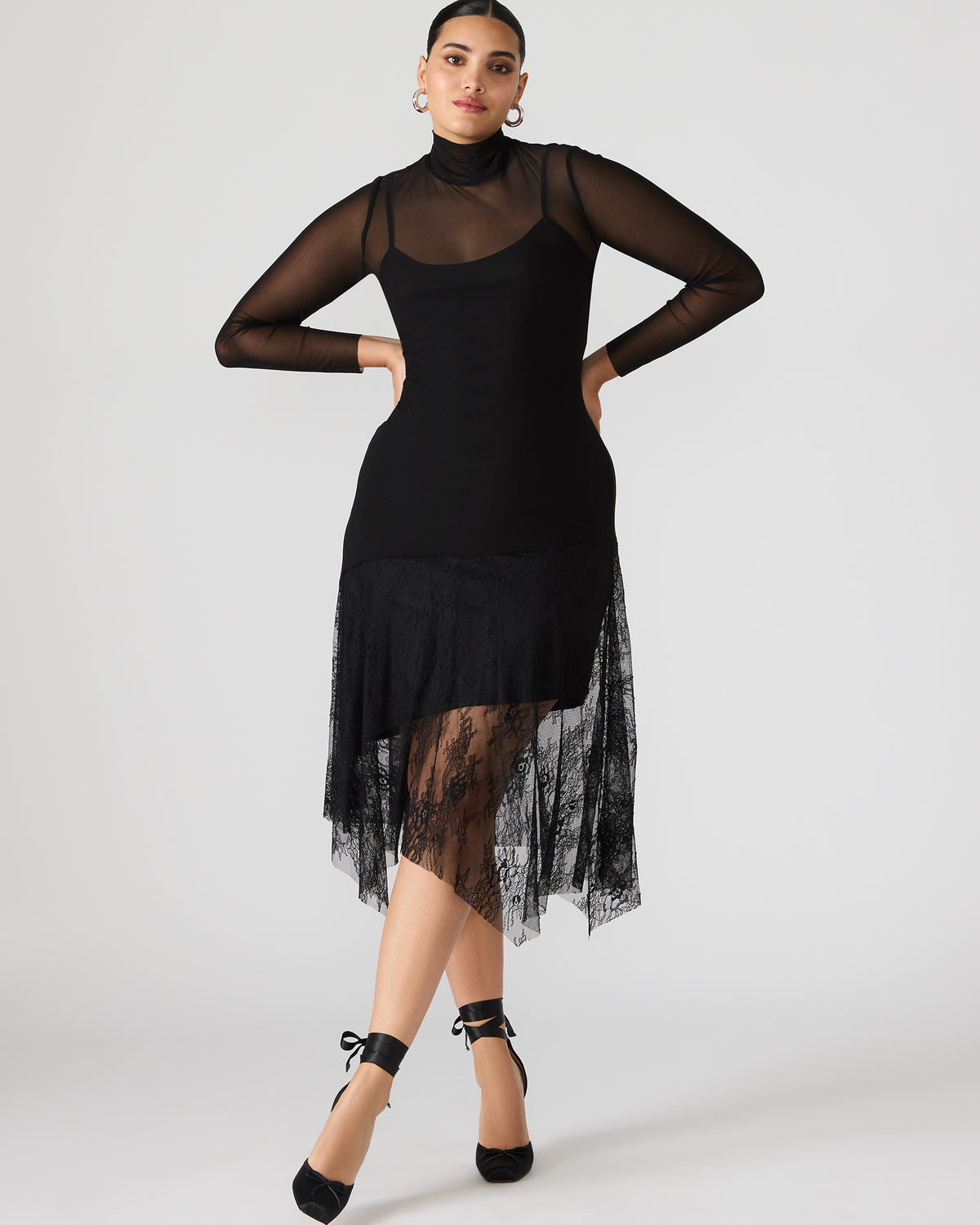 SILAS Black Long-Sleeved Mesh Lace Overylay Flowy Women's Dress | Steve Madden