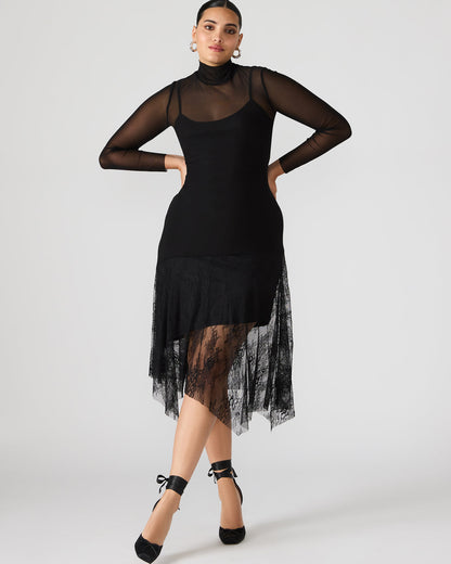 SILAS Black Long-Sleeved Mesh Lace Overylay Flowy Women's Dress | Steve Madden