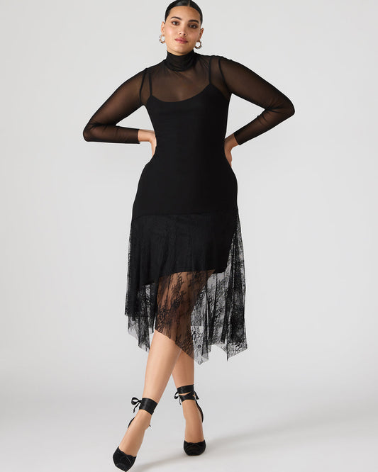 SILAS Black Long-Sleeved Mesh Lace Overylay Flowy Women's Dress | Steve Madden