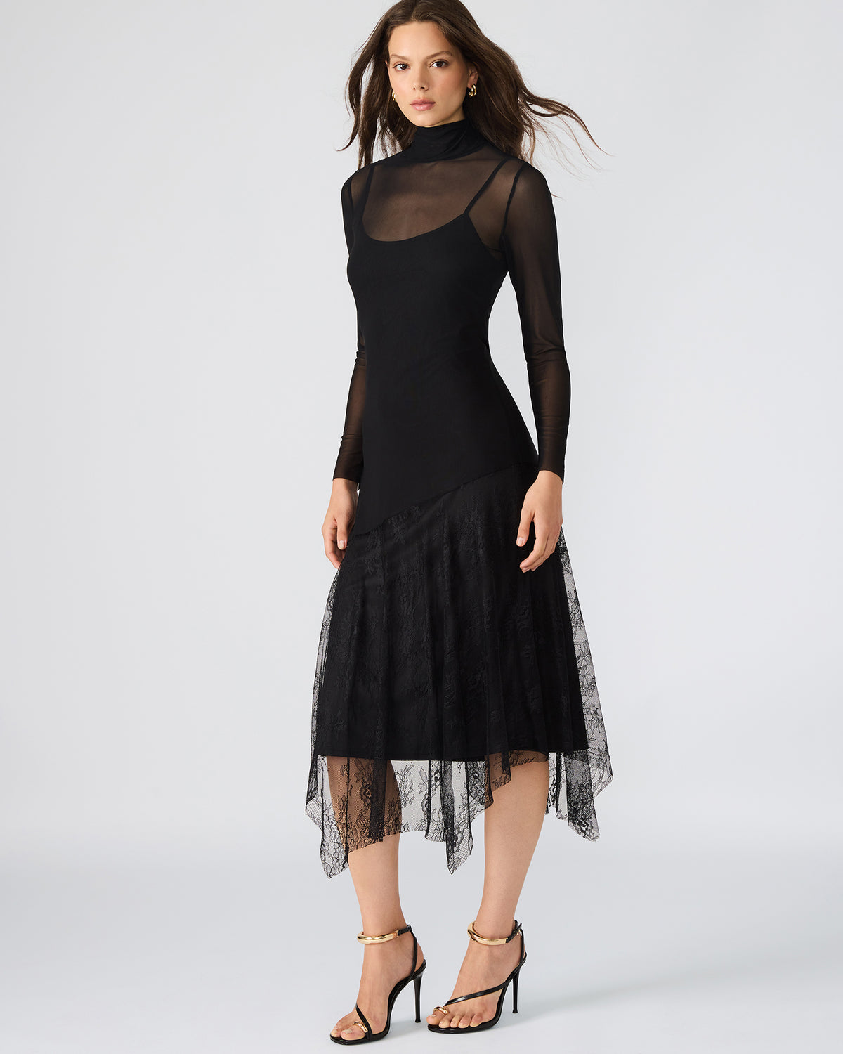 SILAS Black Long-Sleeved Mesh Lace Overylay Flowy Women's Dress | Steve Madden