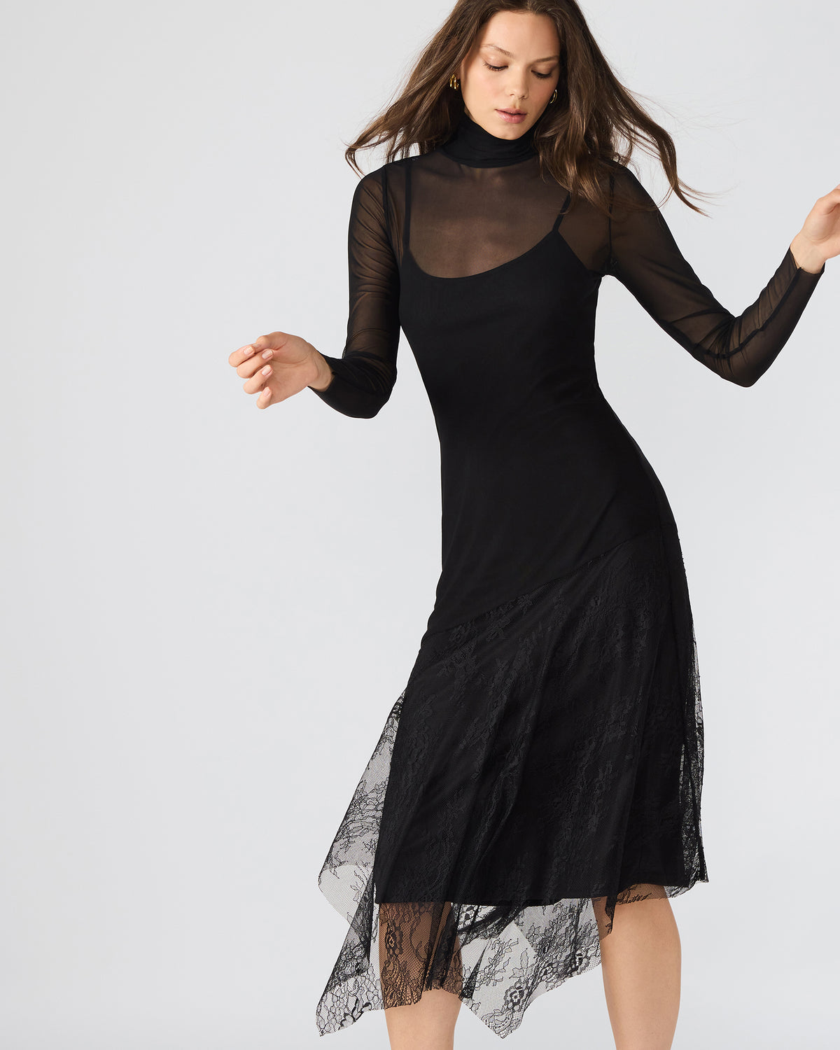 SILAS Black Long-Sleeved Mesh Lace Overylay Flowy Women's Dress | Steve Madden