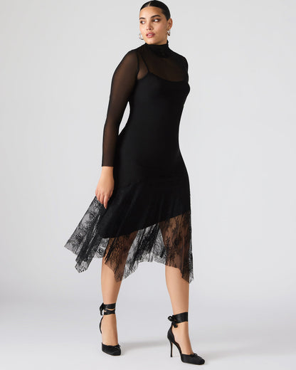 SILAS Black Long-Sleeved Mesh Lace Overylay Flowy Women's Dress | Steve Madden