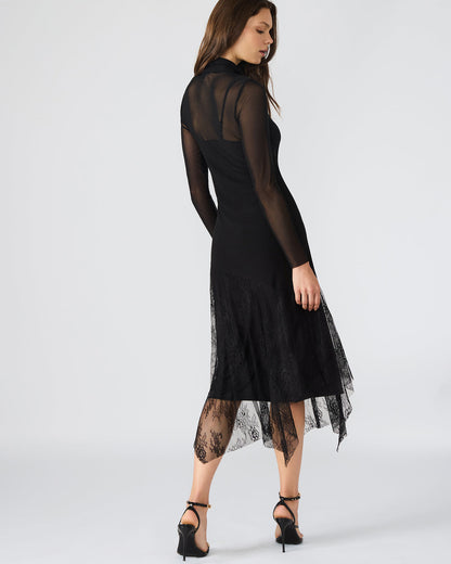 SILAS Black Long-Sleeved Mesh Lace Overylay Flowy Women's Dress | Steve Madden