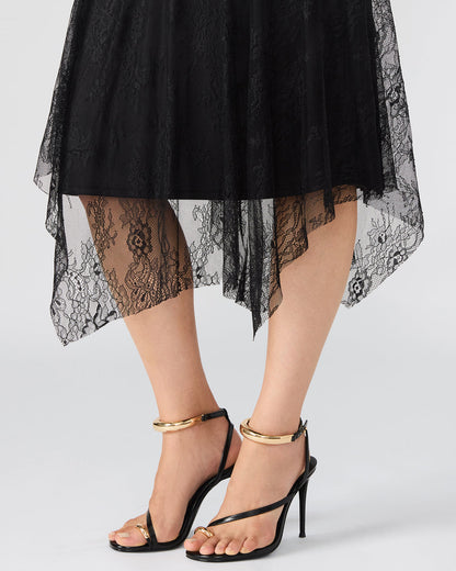 SILAS Black Long-Sleeved Mesh Lace Overylay Flowy Women's Dress | Steve Madden
