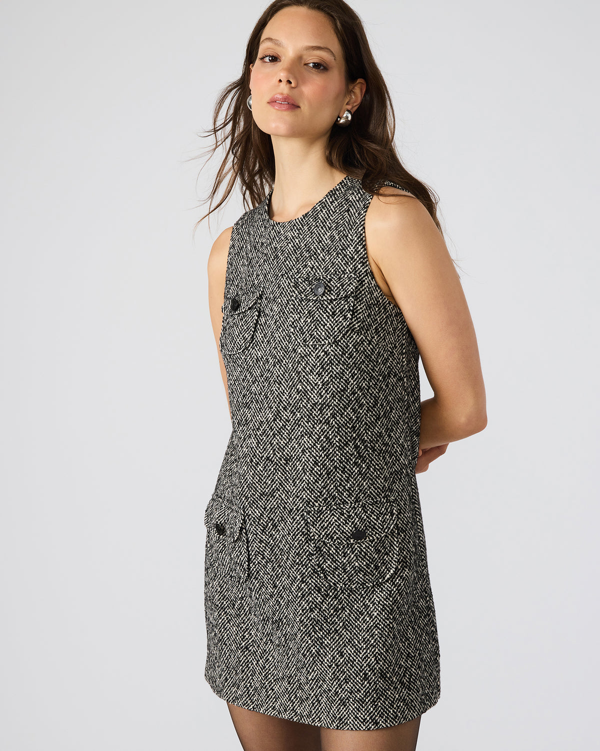 LOUIE Black/White Sleeveless Tweed Mini Women's Dress | Steve Madden