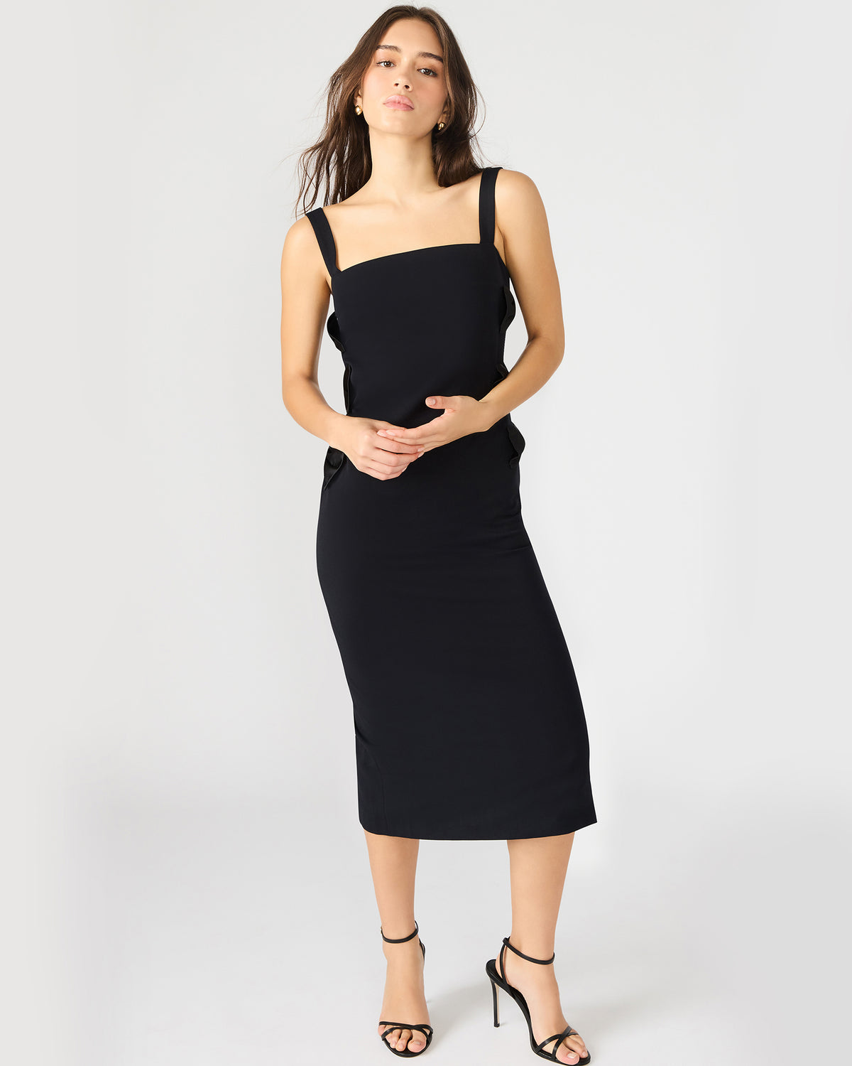 RENE Black Form-Fitting Bow Women's Midi Dress | Steve Madden