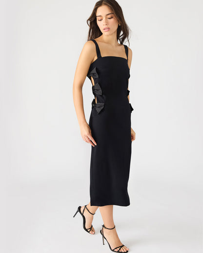 RENE Black Form-Fitting Bow Women's Midi Dress | Steve Madden