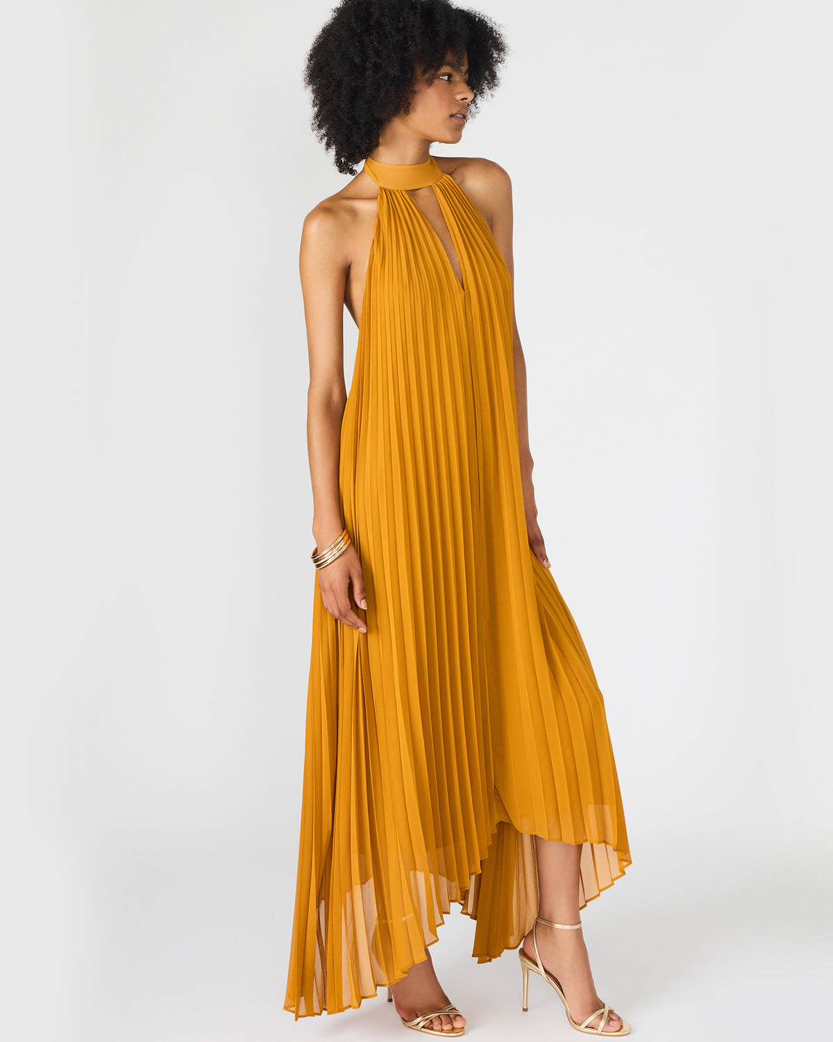 MARAYA Tuscan Gold Flowy Halter Women's Maxi Dress | Steve Madden