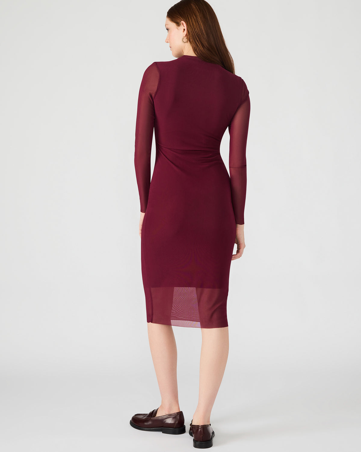HAILEE Wine Long-Sleeved Mesh Pull-On Mock Neck Midi Women's Dress | Steve Madden